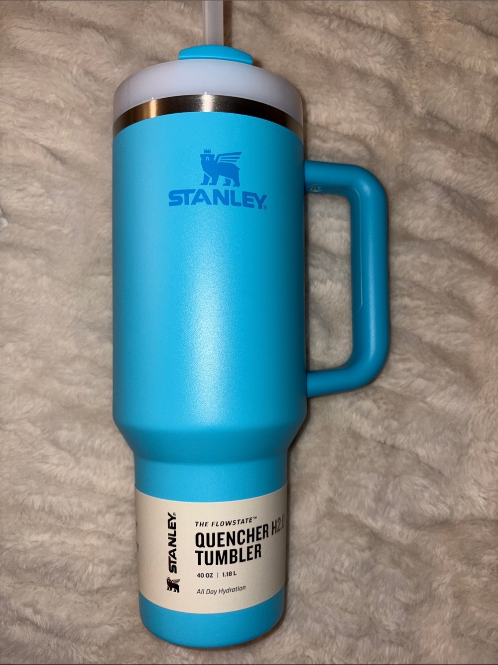 Stanley Turquoise Blue Insulated Handle Tumbler with Straw.